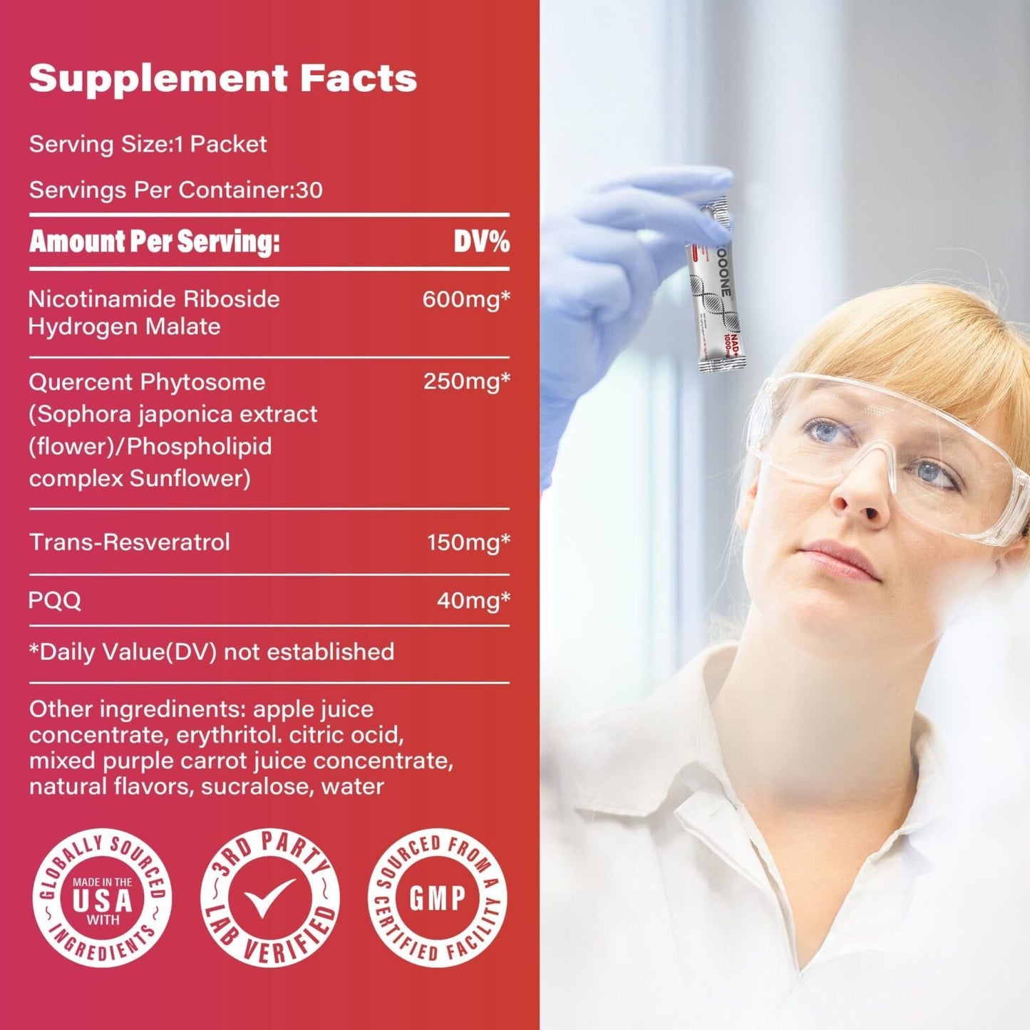 ZOOONE 1000mg NAD+ Berry Flavor Drink Mix for Skin Aging Support, Energy, and Focus - 30 Pack